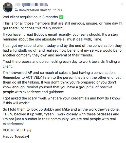 Student's review about Facebook Side Hustle Course