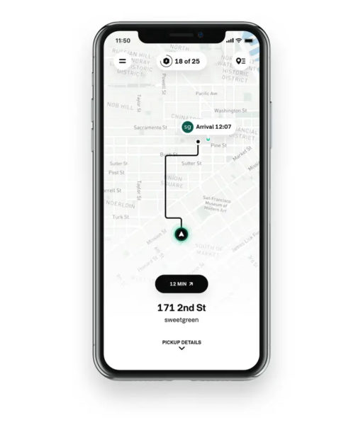 Example of the Postmates mobile app giving route information