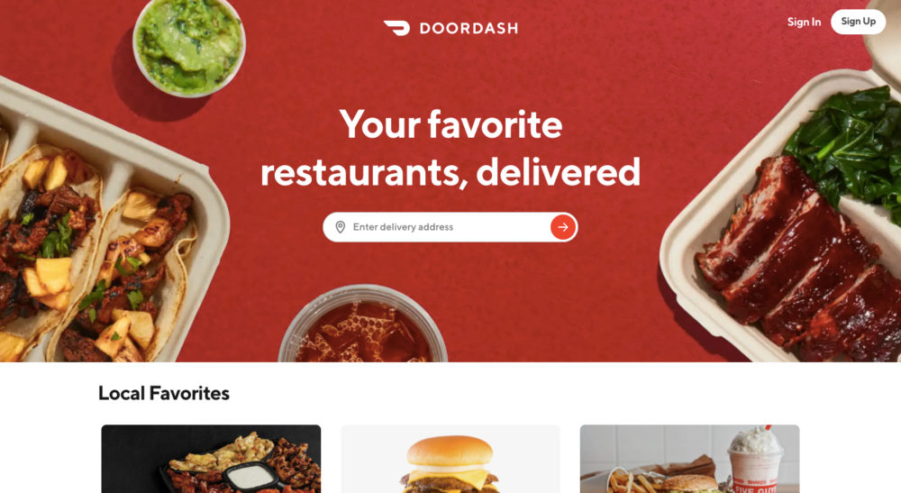 Doordash homepage Doordash homepage