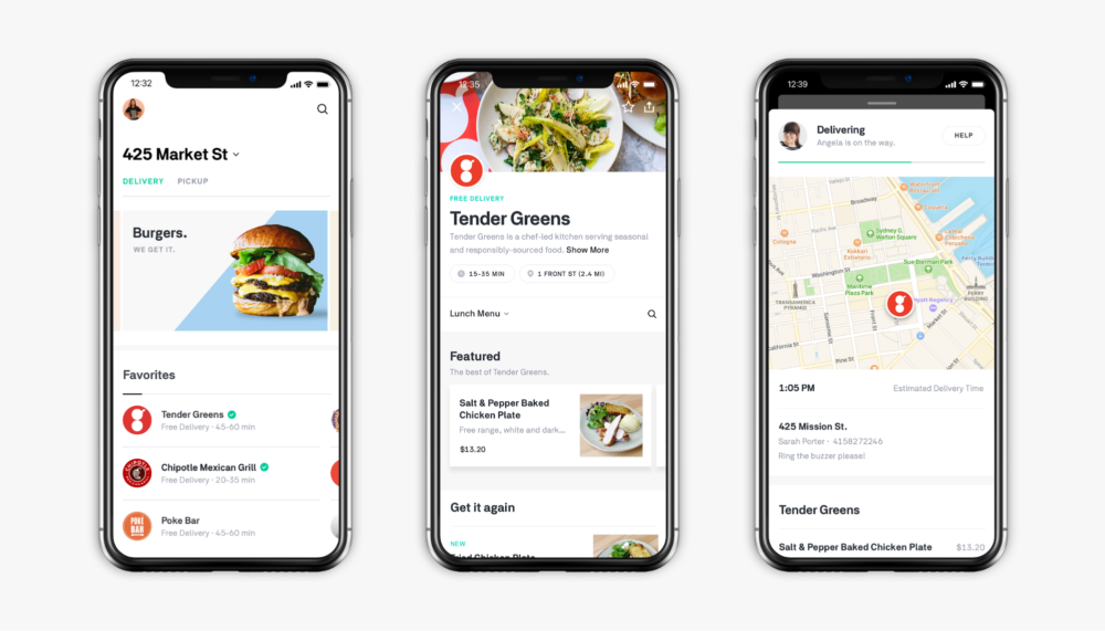 Three different images of the Postmates app