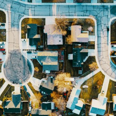Birds eye view of subdivision with houses around a cul-de-sac