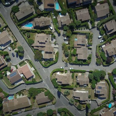 bird's eye photograph of a housing subdivision