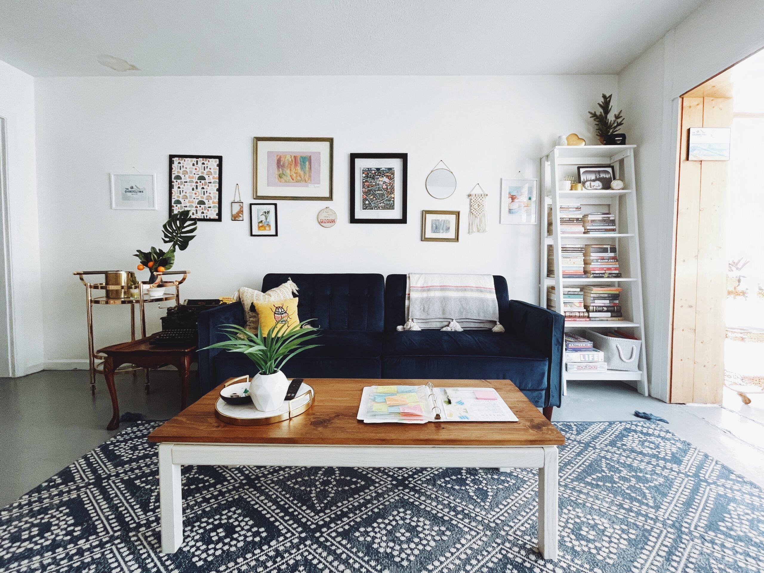 Modern cozy living room with dark coach and graphic print rug
